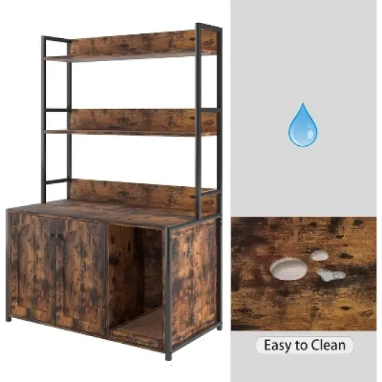 Cat Litter Box Enclosure Furniture, Hidden Litter Box with Scratch Pad Wooden Cat Bathroom Storage with 2 Doors and Shelf Cat Cabinet image {3}