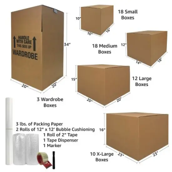 UBMOVE 6 Room Wardrobe Kit with 58 Moving Boxes and Packing Supplies image {1}