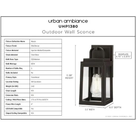 Urban Ambiance Luxury Farmhouse Outdoor Wall Sconce 11.875''H x 5.5''W,  Olde Bronze Finish,  Macon Collection, UHP1380 image {2}
