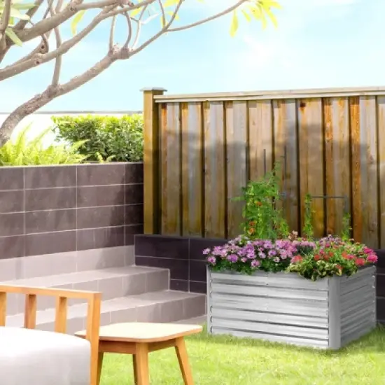 Outsunny Raised Garden Bed, Galvanized Elevated Planter Box with 2 Trellis Tomato Cages, Reinforcing Rods, 4' x 3' x 2', Silver image {1}