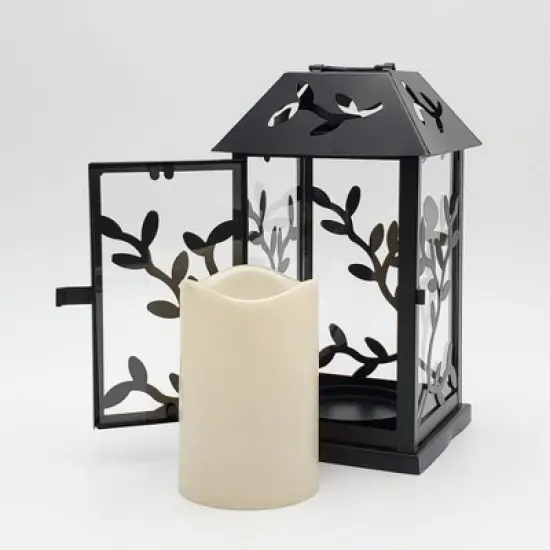 LumaBase Metal Lantern with Battery-Operated Candle - Black Vine image {5}