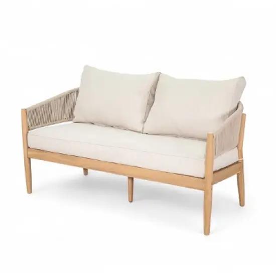 Outdoor Acacia Wood Loveseat,Modern Patio Rope Weave Loveseat with Wood Frame,Lounge Loveseat with Cushion for Garden or Deck-Coolbibila image {8}