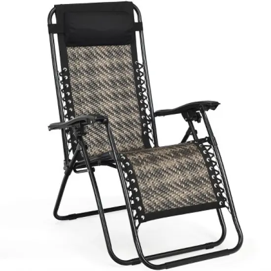 Tangkula Grey Folding Recliner Patio Rattan Zero Gravity Lounge Chair With Headrest image {5}