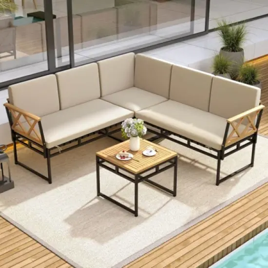 Costway 4 Piece Outdoor Sectional Sofa Set L-Shaped Metal Conversation Set with Cushions image {4}
