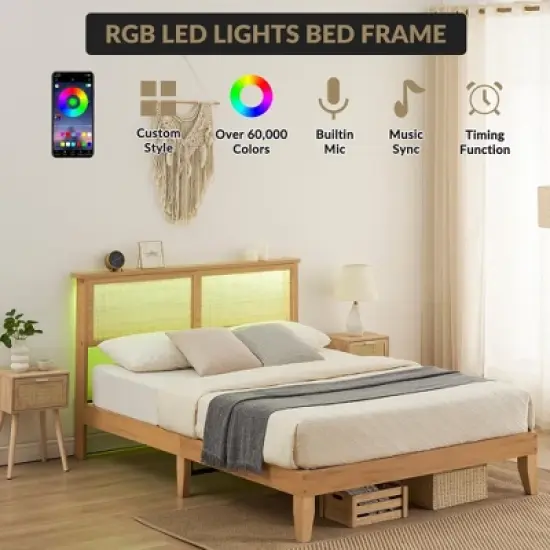 Rattan Bed Frame Full with Natural Rattan Headboard,Bohemian Rattan Full Size Bed Frame with LED Lights, With Silent Slats,No Box Spring Needed (Full) image {4}