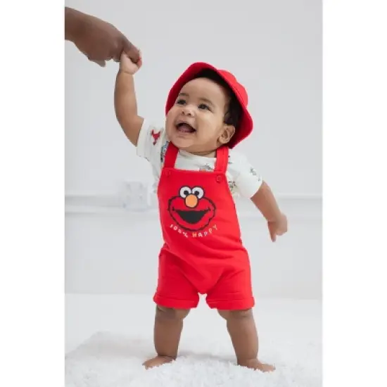 Sesame Street Elmo Baby French Terry Short Overalls T-Shirt and Hat 3 Piece Outfit Set Newborn to Infant image {1}
