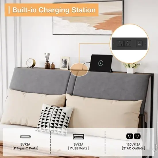 Queen Size Bed Frame with Ergonomic Upholstered Headboard & Charging Station, Platform Bedframe with 3-Tier Storage Space image {3}