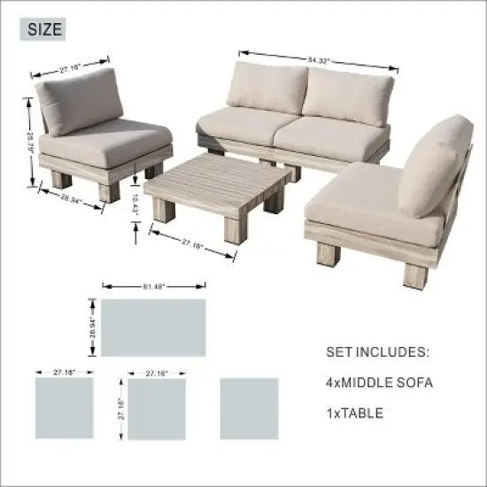 Moda Furnishings 4-Person Outdoor Patio Aluminum Wood Grain Sectional Seating Group With Beige Cushions image {3}
