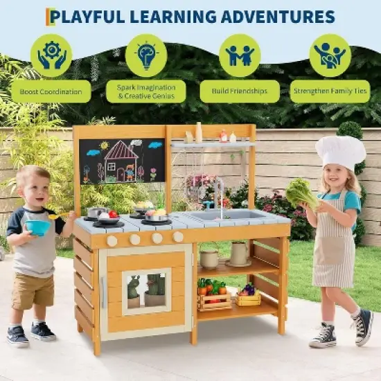 Outdoor Wooden Mud Kitchen w/ Cookware, Removable Sink/Faucet & Chalkboard - Storage Shelves, Stove Toddler Playset Ages 3+ image {6}
