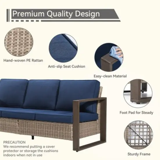 COWLOWN Dark Blue Outdoor Rattan Patio Sofa, 3-Seat Wicker Couch with Armrests and Cushions, Weather-Resistant Furniture for Backyard, Garden, Porch image {8}