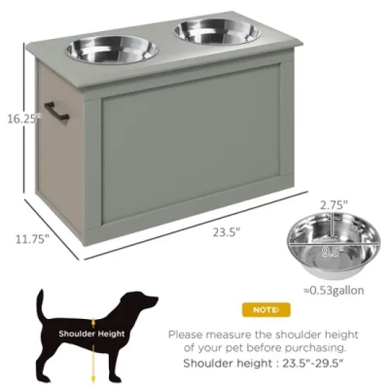 Gulches PawHut Raised Pet Feeding Station with Storage & Stainless Steel Bowls for Large Dogs - Gray image {2}