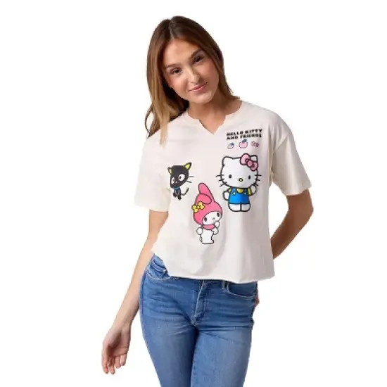 Hello Kitty & Friends Chococat My Melody & Hello Kitty Women's Sand V-Neck Short Sleeve Cropped Tee image {6}