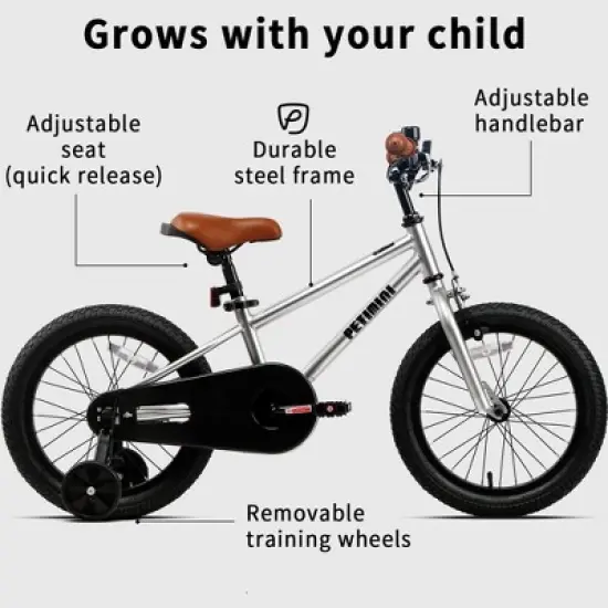 Petimini BP1001YD-5 16 Inch BMX Style Kids Bike with Removable Training Wheels and Rear Coaster Brakes for Kids 4-7 Years Old, Silver image {3}