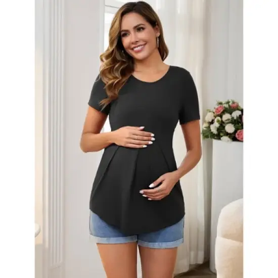 INSPIRE CHIC Women's Maternity Top Short Sleeve Crewneck Wrinkle Design Blouse Waist Tiered Pregnancy T-Shirt image {4}