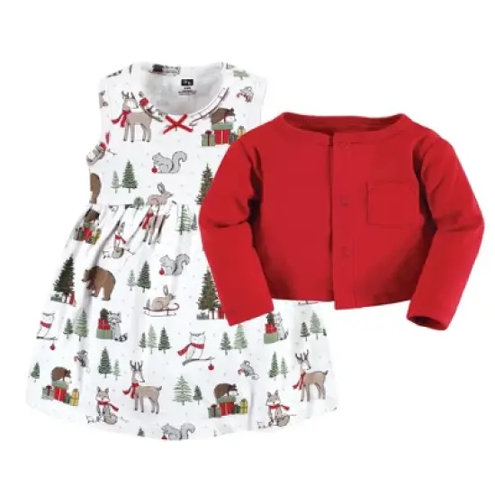 Hudson Baby Infant and Toddler Girl Cotton Dress and Cardigan Set, Red Winter Forest image {2}