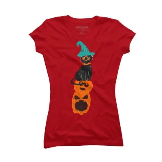 Junior's Design By Humans Halloween Pumpkins and Witch Cat By famenxt T-Shirt image {6}