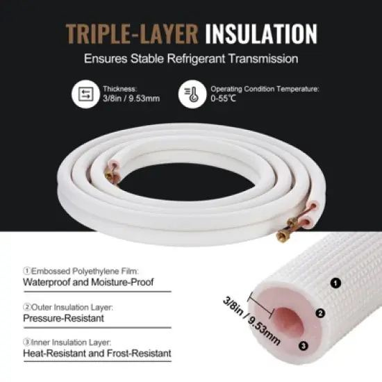 VEVOR 16FT Mini Split Line Set,1/4" & 3/8" O.D Copper Pipes Tubing and Triple-Layer Insulation,for Air Conditioning or Heating Pump Equipment, White image {5}