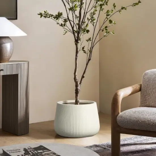 LuxenHome 15.5" Dia Round Concrete Planter Large Indoor Outdoor Plant Pot with Drainage Hole and Plug Modern Off-White Ripped Flower Pot image {3}