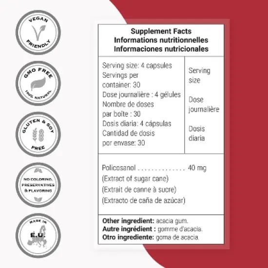 SuperSmart Policosanol 40mg per Day - Sugar Cane Extract Supplement | Non-GMO & Gluten Free - 120 Vegetarian Capsules image {3}