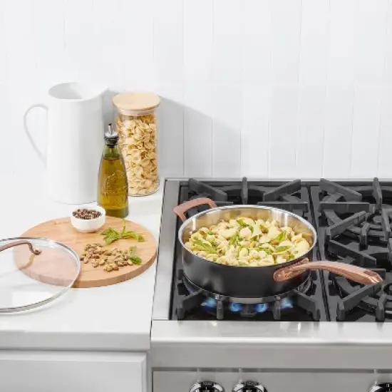 Cuisinart 3.5qt Matte Black Stainless Saute Pan with Cover Blush Bronze and Helper Handle: Cookware, Tempered Glass Lid image {2}