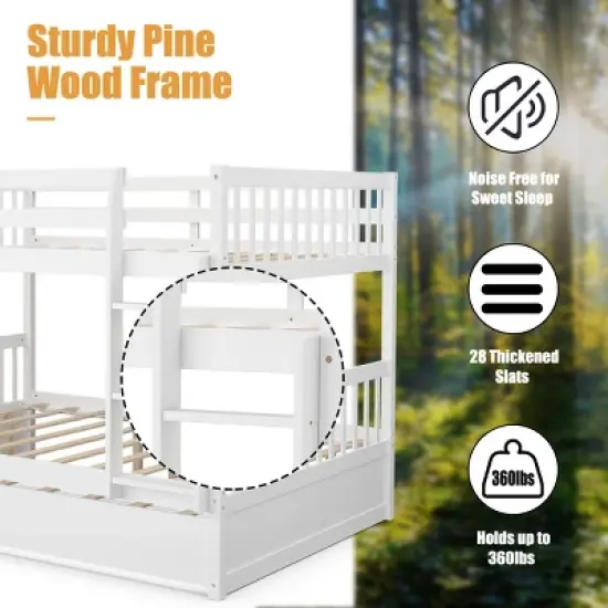 Costway Full over Full Bunk Bed Platform Wood Bed w/ Trundle & Ladder Rail Brown/White image {6}