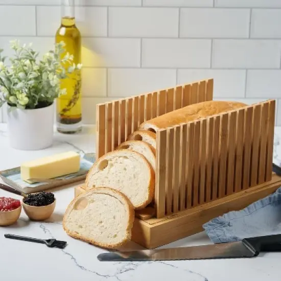 Bread Slicer for Homemade Bread - Adjustable Width Bread Cutter for Cakes, Bagels - Bamboo Bread Cutting Guide and Crumb Tray - (Knife Not Included) image {5}