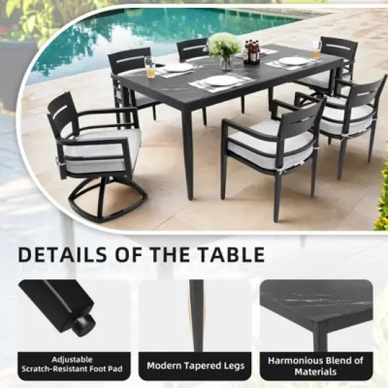 CAVINAS 7 Piece Patio Dining Set Aluminum Dining Table with Chairs Black Sintered Stone Tabletop Outdoor Dining with 6 Chairs for Patio image {2}