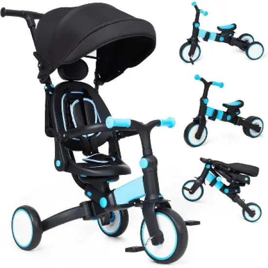 7-in-1 Foldable Baby Tricycle - Adjustable Parent Handle & Canopy - Safety Harness & Guardrail - Trike/Balance Bike for 1-6 Year Olds image {7}