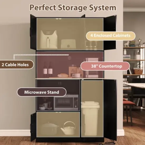 Costway 71" Tall Kitchen Pantry Cabinet with Charging Station Microwave Stand & Doors Black/White image {9}