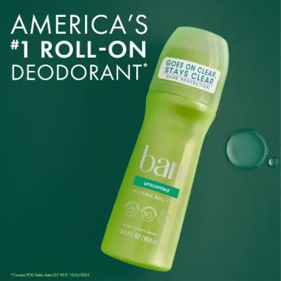 Ban Invisible Roll-On Antiperspirant & Deodorant - Unscented with Odor-Fighting Ingredients - 3.5oz image {5}