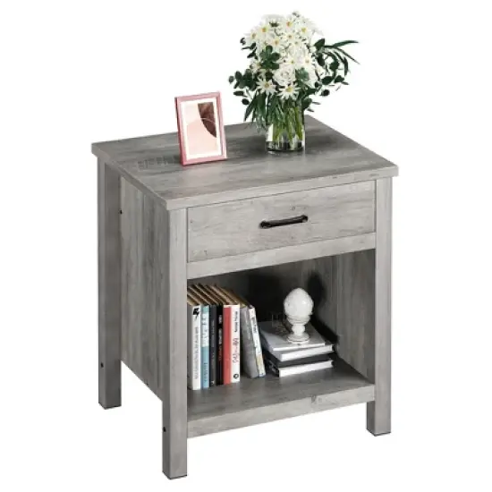 Farmhouse Nightstand, Rustic End Side Table with Drawer and Storage Shelf, Gray Night Stand Bedside Table image {6}
