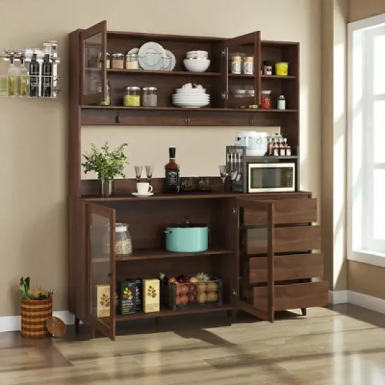 63" Large Kitchen Hutch Pantry Cabinet with 4 Doors, 4 Drawers & Microwave Shelf, Freestanding Storage Buffet Cupboard for Dining Room image {5}