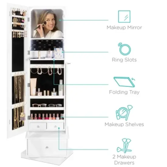 Best Choice Products 360 Swivel Standing Mirrored Jewelry Cabinet, LED-Lit Makeup Organizer w/ Mirror - White image {3}