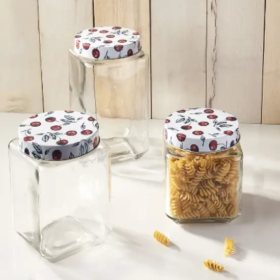American Atelier Square Clear Glass Jars, Set of 3, Cherry Design on Airtight Lid, For Coffee, Beans, and Dry Goods, 45, 63, and 74-Ounce Capacity image {8}