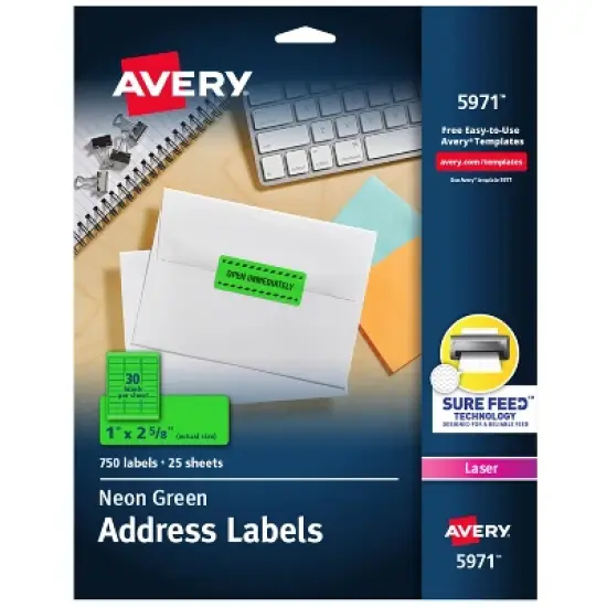 Avery Neon Address Labels with Sure Feed for Laser Printers, 1" x 2 5/8", 750 Green Labels (5971) image {7}