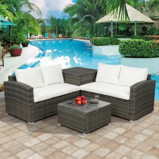 4pc Wicker Patio Conversation Set with Cushions - Gray/Beige - GODEER image {3}
