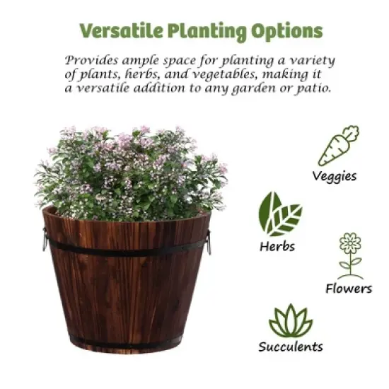 Gardenised Rustic Wooden Whiskey Barrel Planter with Durable Medal Handles and Drainage Holes - Perfect for Indoor and Outdoor Use image {2}