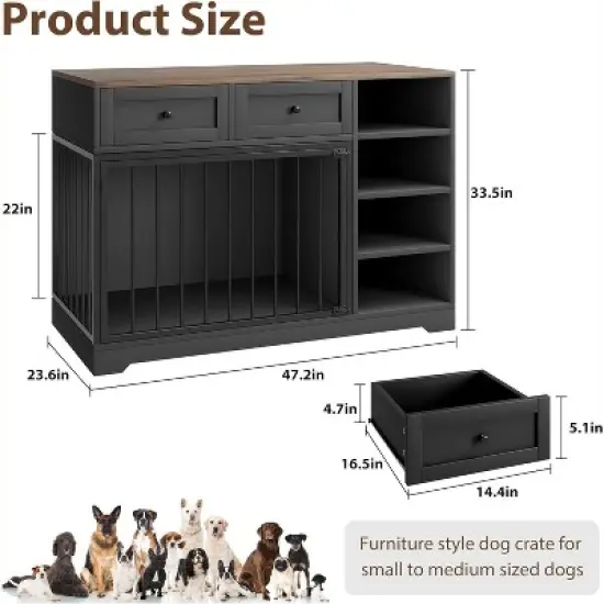Dog Crate, Wooden Dog Kennel End Table with 2 Drawers and 4 Open Storage Shelves, Removable Bowls image {1}
