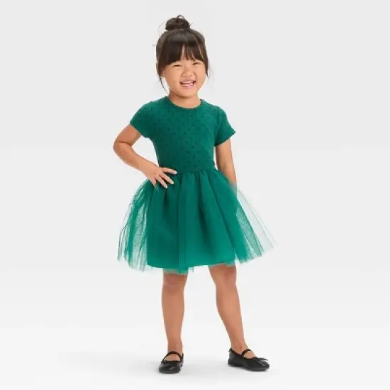 Toddler Girls' Dot Short Sleeve Knit Tulle Dress - Cat & Jack&trade; Green image {3}