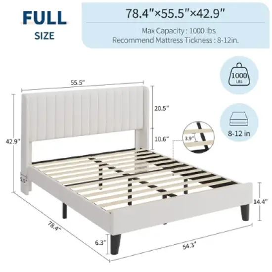 Bed Frame with Vertical Channel Tufted Wingback Headboard, Upholstered Platform Bed Frame with Strong Wooden Slats Support image {1}