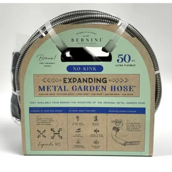 BERNINI 50' Expanding Metal Garden Hose Silver image {1}