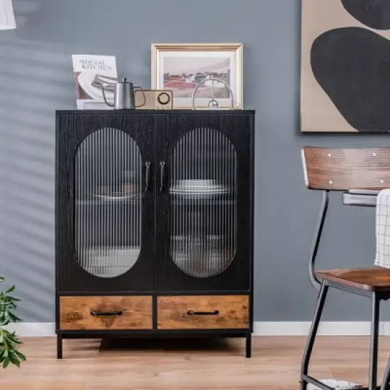 Costway Kitchen Storage Cabinet Freestanding Buffet Sideboard w/ 2 Glass Doors & Drawers image {2}