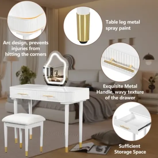TOBILI 40" Modern Vanity Table Set with Mirror Touch Screen Lighted Mirror, Dressing Table and Cushioned Stool Set with 2 Large Drawers, White image {3}