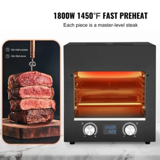 VEVOR Electric Steak Grill, 1800W Smokeless Infrared Electric Broiler, 1450&deg;F Stainless Steel Steak Cooker with 6-Tier Adjustable Rack, Black image {2}