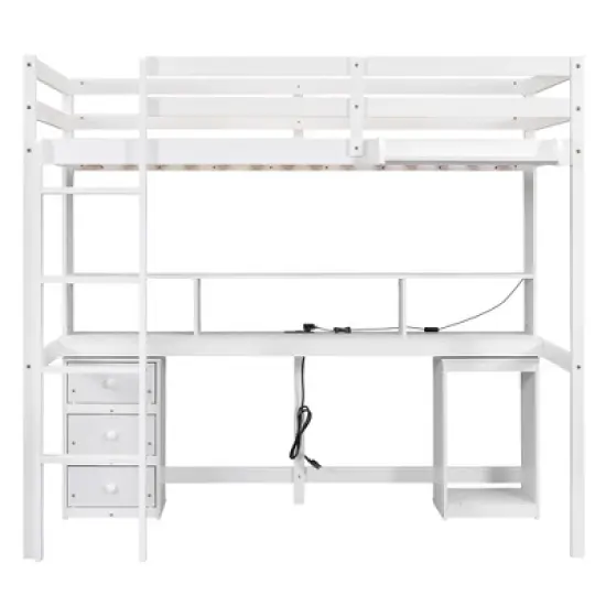 Loft Bed with Multi-Function Storage Table, LED Lights, Bedside Tray and Charging Station, White - ModernLuxe image {6}