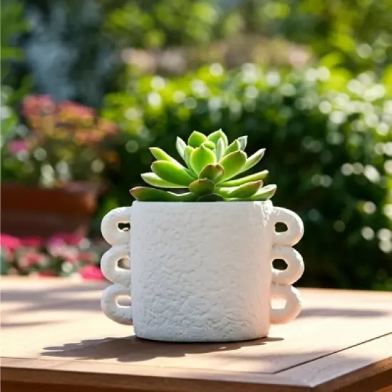 Pottery and Cement Planter with Unique Multi-Loop Handle Design, Stylish Contemporary Accent For Home D&eacute;cor image {11}
