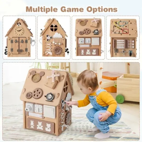 Costway Wooden Busy House Montessori Toy with Sensory Games & Interior Storage Space image {4}