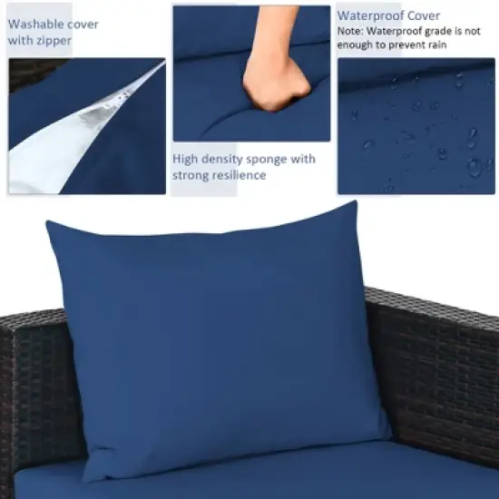 Tangkula 5PCS Cushioned Rattan Patio Conversation Set w/ Ottoman Navy Cushion image {4}