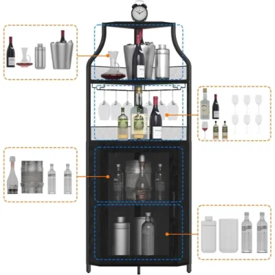 Corner Wine Cabinet with Detachable Wine Rack, 5-Tier Industrial Corner Bar Cabinet with Barn Door and Glass Holder image {4}
