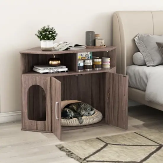 Tangkula 3-Tier Modern Corner Cat Litter Box Enclosure w/ Storage Shelves Double Doors image {3}